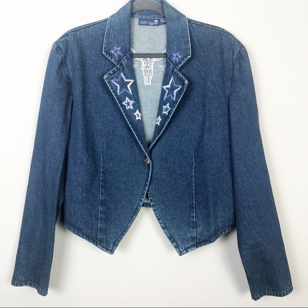 NIKKI SAGGARO | Vintage Boho Southwestern Style Denim Jean Jacket Women’s Size L - Picture 3 of 8